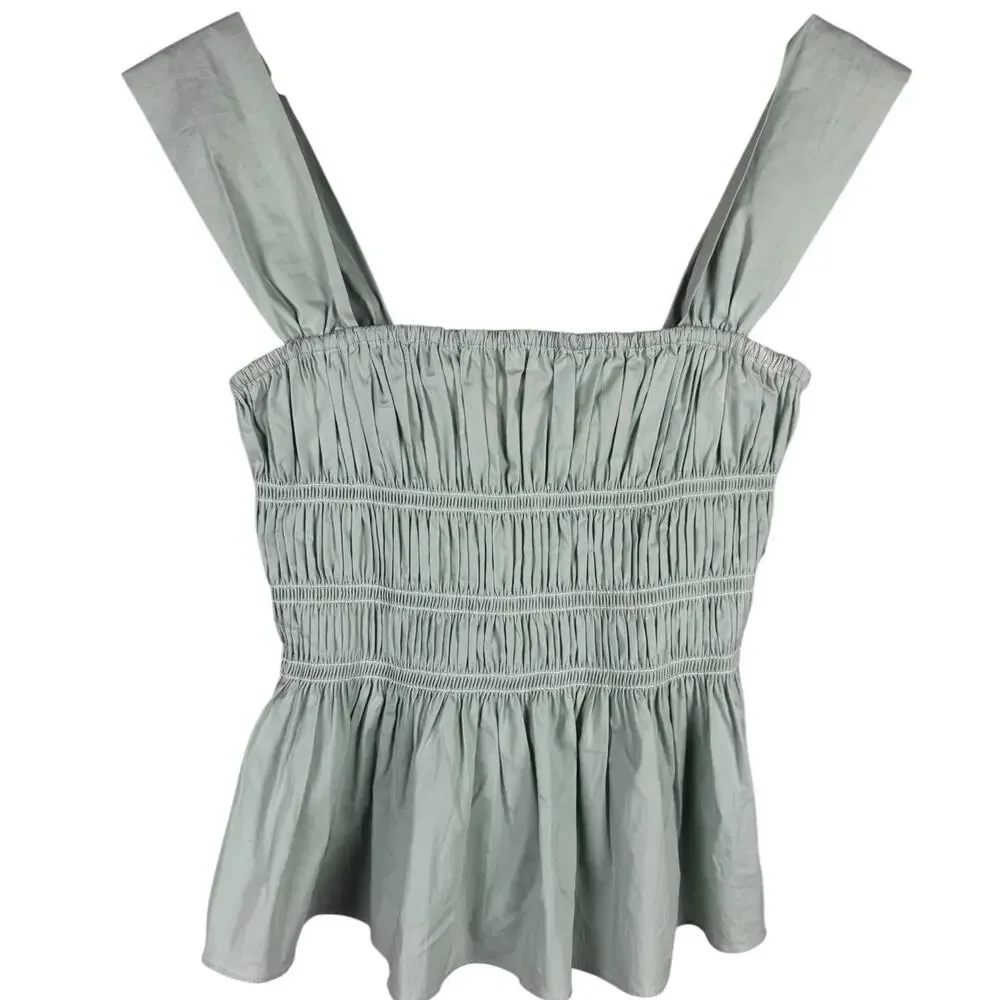Staud Ida Smocked Poplin Top Sage Green Size Medium - Picture 4 of 9